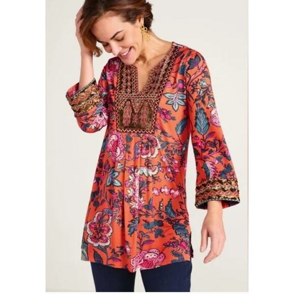 Soft Surroundings Samara Tunic Womens Medium Red Floral Embellished Top - Picture 1 of 12